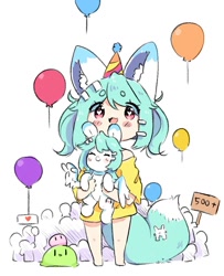 Size: 1099x1355 | Tagged: safe, artist:bubbletea, oc, human, pegasus, pony, anime, balloon, birthday, cute