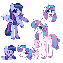 Size: 1000x1000 | Tagged: safe, artist:risswm, princess flurry heart, oc, alicorn, pegasus, pony, g4, duo, female, floppy ears, frown, mare, offspring, older, older flurry heart, open mouth, open smile, parent:princess cadance, parent:shining armor, parents:shiningcadance, raised hoof, rearing, siblings, simple background, sisters, smiling, unshorn fetlocks, white background