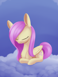 Size: 894x1182 | Tagged: safe, artist:dusthiel, fluttershy, pegasus, pony, g4, cloud, cute, eyes closed, female, folded wings, lying down, on a cloud, ponyloaf, prone, shyabetes, solo, three quarter view, wings