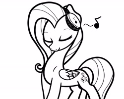 Size: 2048x1638 | Tagged: safe, artist:ewoudcponies, fluttershy, pegasus, pony, g4, black and white, eyes closed, female, folded wings, grayscale, headphones, lineart, mare, monochrome, music notes, simple background, smiling, solo, standing, three quarter view, white background, wings