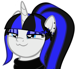 Size: 4238x3887 | Tagged: safe, artist:severity-gray, oc, oc only, oc:coldlight bluestar, pony, unicorn, :3, bedroom eyes, clothes, eyeshadow, female, hairpin, makeup, mare, piercing, ponytail, scarf, simple background, smug, solo, transparent background