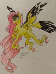 Size: 765x1020 | Tagged: safe, artist:non-artistic-license, fluttershy, pegasus, pony, g4, alternate design, flower, flower in hair, long feather, long mane, simple background, solo, tail, tail feathers