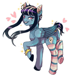 Size: 1024x1024 | Tagged: safe, artist:brot-art, oc, oc only, pegasus, pony, clothes, colored hooves, ear piercing, earring, emo, female, grin, heart, jewelry, looking back, pegasus oc, piercing, raised hoof, simple background, smiling, socks, solo, striped socks, transparent background, wings