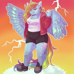Size: 2048x2048 | Tagged: safe, artist:brot-art, rainbow dash, pegasus, anthro, g4, chubby, clothes, female, high res, shoes, shorts, smiling, solo, wings