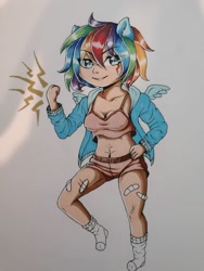 Size: 1500x2000 | Tagged: safe, artist:brot-art, rainbow dash, human, g4, bandaid, breasts, cleavage, clothes, eared humanization, female, fist bump, hand on hip, humanized, shorts, smiling, solo, traditional art, winged humanization, wings