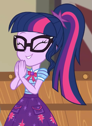 Size: 515x703 | Tagged: safe, screencap, sci-twi, twilight sparkle, equestria girls, equestria girls specials, g4, my little pony equestria girls: better together, my little pony equestria girls: holidays unwrapped, the cider louse fools, ^^, bowtie, clapping, clothes, cropped, cute, cutie mark on clothes, eyes closed, female, geode of telekinesis, glasses, jewelry, magical geodes, pendant, polo shirt, ponytail, skirt, solo