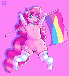 Size: 4691x5117 | Tagged: safe, artist:cheesebunart, part of a set, pinkie pie, earth pony, pony, g4, chubby, clothes, female, flag, mare, mouth hold, pansexual pride flag, pink background, pride, pride flag, simple background, socks, solo, striped socks