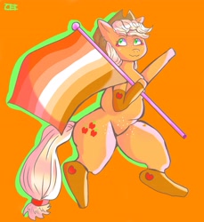 Size: 4691x5117 | Tagged: safe, artist:cheesebunart, part of a set, applejack, earth pony, pony, g4, butch lesbian, butch lesbian pride flag, female, flag, hat, lesbian pride flag, mare, orange background, pride, pride flag, signature, simple background, solo, waving