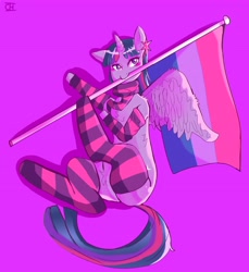 Size: 4691x5117 | Tagged: safe, artist:cheesebunart, part of a set, twilight sparkle, alicorn, pony, g4, bisexual pride flag, clothes, female, flag, mare, mouth hold, pride, pride flag, scarf, simple background, sitting, socks, solo, striped socks, twilight sparkle (alicorn)