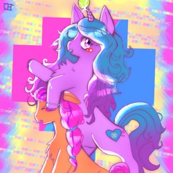 Size: 2048x2048 | Tagged: safe, artist:cheesebunart, izzy moonbow, sunny starscout, earth pony, pony, unicorn, g5, my little pony: a new generation, abstract background, backwards cutie mark, ball, blushing, bracelet, duo, eyes closed, female, high res, horn, hornball, izzy's tennis ball, jewelry, open mouth, smiling, tennis ball