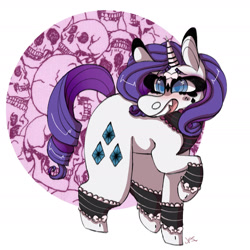 Size: 1963x1963 | Tagged: safe, artist:shinyantlers, rarity, pony, unicorn, g4, cuffs (clothes), female, goth, mare, raised hoof, simple background, skull, smiling, solo, white background