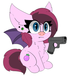 Size: 2438x2708 | Tagged: safe, artist:pegamutt, oc, oc only, oc:bree berry, bat pony, pony, bat pony oc, delet this, female, gun, high res, simple background, solo, transparent background, weapon
