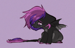 Size: 460x292 | Tagged: oc name needed, safe, artist:pparsley, oc, oc only, bat pony, pony, bat pony oc, crying, eye clipping through hair, eyebrows, eyebrows visible through hair, floppy ears, leonine tail, pale belly, purple background, purple eyes, simple background, sitting, solo, tail, teary eyes, two toned mane, two toned tail
