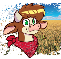 Size: 929x900 | Tagged: safe, artist:tranzmuteproductions, arizona (tfh), cow, them's fightin' herds, community related, female, neckerchief, smiling, solo, straw in mouth