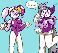Size: 1417x1280 | Tagged: safe, artist:tranzmuteproductions, oc, oc only, oc:tranzmute, bat pony, human, anthro, unguligrade anthro, bat pony oc, clothes, clown makeup, clown nose, cursed, duo, gloves, human oc, jester, latex, latex suit, male, red nose, talking