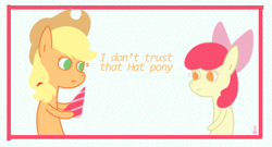 Size: 550x296 | Tagged: safe, artist:applehats, apple bloom, applejack, earth pony, pony, g4, female, filly, hat, mare, party hat, text