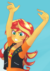 Size: 2894x4093 | Tagged: safe, artist:haibaratomoe, sunset shimmer, equestria girls, equestria girls specials, g4, my little pony equestria girls: better together, my little pony equestria girls: rollercoaster of friendship, blue background, blushing, clothes, female, grin, redraw, shirt, simple background, smiling, solo, t-shirt, vest