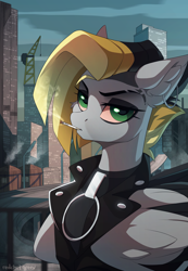Size: 2500x3616 | Tagged: safe, artist:redchetgreen, oc, oc only, oc:tlen borowski, pegasus, pony, badass, black eyeshadow, cigarette, city, clothes, collar, collar ring, crane, cyberpunk, ear fluff, ear piercing, earring, eyeshadow, female, high res, jacket, jewelry, leather jacket, looking at you, makeup, mare, pegasus oc, piercing, smoking, solo
