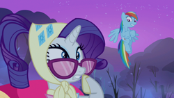 Size: 1280x720 | Tagged: safe, editor:rarity vrymer collective, screencap, rainbow dash, rarity, pegasus, pony, unicorn, g4, season 3, sleepless in ponyville, amused, camping outfit, clothes, cute, dashabetes, duo, duo female, female, flying, glasses, lip bite, mare, multicolored hair, multicolored mane, multicolored tail, night, shocked, tail