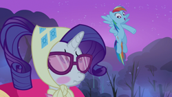 Size: 1280x720 | Tagged: safe, editor:rarity vrymer collective, screencap, rainbow dash, rarity, pegasus, pony, unicorn, g4, season 3, sleepless in ponyville, blushing, camping outfit, clothes, duo, duo female, female, flying, glasses, mare, multicolored hair, multicolored mane, multicolored tail, night, open mouth, scrunchy face, tail