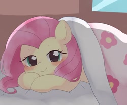 Size: 1885x1565 | Tagged: dead source, safe, artist:ginmaruxx, fluttershy, pegasus, pony, g4, bed, bedroom, blanket, blushing, cute, daaaaaaaaaaaw, female, in bed, looking at you, lying down, mare, prone, shyabetes, smiling, smiling at you, solo