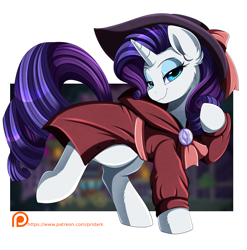 Size: 3309x3350 | Tagged: safe, artist:pridark, rarity, pony, unicorn, fanfic:dream-mix predawn, g4, cheek fluff, clothes, commission, cool, detective rarity, ear fluff, element of generosity, female, hat, high res, jacket, lidded eyes, looking at you, mare, patreon, patreon logo, shadow spade, simple background, smiling, solo