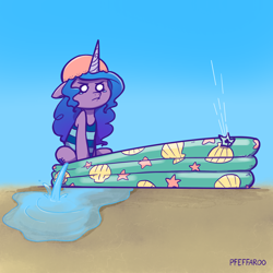 Size: 2048x2048 | Tagged: safe, artist:pfeffaroo, izzy moonbow, pony, unicorn, g5, my little pony: a new generation, clothes, deflating, deflation, female, high res, inflatable, inflatable pool, izzy moodbow, izzy moonbow is not amused, one-piece swimsuit, popping, puncture, solo, swimming pool, swimsuit, teary eyes, unamused, unicorn problems, water