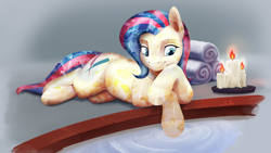 Size: 7680x4320 | Tagged: safe, artist:silfoe, bonna fide, glamour gleam, crystal pony, pony, g4, absurd resolution, candle, commission, commissioner:reversalmushroom, female, mare, solo, water