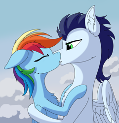Size: 2002x2075 | Tagged: safe, artist:fess, rainbow dash, soarin', pegasus, pony, g4, chest fluff, cloud, eyes closed, female, floppy ears, high res, hug, kiss on the lips, kissing, male, mare, romantic, ship:soarindash, shipping, spread wings, stallion, straight, wings