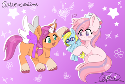 Size: 2369x1604 | Tagged: safe, artist:marukuro, sunny starscout, oc, oc:cloud cuddler, oc:sweet haze, earth pony, pegasus, pony, g5, my little pony: a new generation, clothes, colt, cute, fake horn, fake wings, female, filly, filly sunny starscout, hat, head pat, male, pat, pegasus oc, plushie, simple background