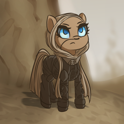 Size: 2000x2000 | Tagged: safe, artist:plaguemare, oc, oc only, pony, blue eyes, clothes, dune, female, fremen, gas mask, high res, hood, mare, mask, ponified, rock, sand, scarf, solo, stillsuit
