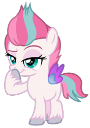 Size: 2520x3560 | Tagged: safe, artist:emeraldblast63, zipp storm, pegasus, pony, g4, g5, my little pony: a new generation, :t, boop, female, filly, filly zipp storm, foal, g5 to g4, high res, hoof over mouth, lidded eyes, mare, raised eyebrow, self-boop, show accurate, simple background, smiling, smug, smugzipp, solo, spread wings, transparent background, unshorn fetlocks, younger