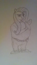 Size: 720x1280 | Tagged: safe, artist:unithiccy, fluttershy, anthro, g4, bill cosby, cursed image, fat, fat albert, fat albert and the cosby kids, fattershy, female, grin, mare, monochrome, positive body image, sketch, smiling, solo, traditional art