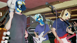 Size: 1280x720 | Tagged: safe, artist:theboognish, edit, crescent pony, mane moon, star hunter, thunderlane, human, pony, g4, bass guitar, crescent moon, electric guitar, guitar, humanized, irl, irl human, male, megaphone, moon, musical instrument, photo, photo edit, ponies in real life, ween