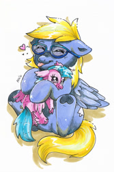 Size: 2517x3776 | Tagged: safe, artist:avui, silverstream, oc, oc only, oc:cloud cuddler, classical hippogriff, hippogriff, pegasus, pony, g4, :p, accessory, commission, cute, cutie mark, eyes closed, female, frog (hoof), glasses, heart, high res, mouse cursor, pegasus oc, plushie, shiny mane, simple background, solo, tongue out, traditional art, underhoof, watercolor painting, white background