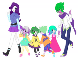Size: 1280x960 | Tagged: safe, artist:ocean-drop, rarity, spike, oc, oc:creme de la creme, oc:gem stone, oc:precious scales, oc:radiance, dracony, hybrid, equestria girls, g4, family, female, holding hands, interspecies offspring, male, offspring, one eye closed, parent:rarity, parent:spike, parents:sparity, ship:sparity, shipping, simple background, smiling, straight, white background