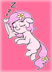 Size: 1557x2160 | Tagged: safe, artist:heretichesh, oc, oc only, oc:kayla, earth pony, pony, cute, female, filly, floppy ears, flower, flower in hair, flower in tail, lying down, ocbetes, onomatopoeia, overhead view, pillow, sleeping, solo, sound effects, tail, zzz