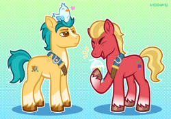 Size: 3450x2399 | Tagged: safe, artist:artisticwerks, hitch trailblazer, sprout cloverleaf, bird, earth pony, pony, g5, my little pony: a new generation, critter magnet, gradient background, heart, high res, male, sash, smoothie, stallion, those critters sure do love that pony