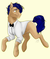 Size: 1024x1225 | Tagged: safe, artist:starcutx, oc, oc only, earth pony, pony, bowtie, button-up shirt, clothes, commission, male, shirt, simple background, smiling, solo, stallion, ych result, yellow background