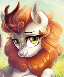 Size: 665x793 | Tagged: safe, artist:yulyeen, edit, autumn blaze, kirin, season 8, sounds of silence, spoiler:s08, awwtumn blaze, beautiful, bedroom eyes, cloven hooves, cropped, cute, digital painting, ear fluff, female, fern, grass, grin, leonine tail, looking at you, mare, painting, plant, profile, scales, shiny mane, sky, smiling, smiling at you, solo, sunshine, tail