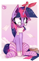 Size: 1941x3032 | Tagged: safe, artist:nevobaster, twilight sparkle, bird, pony, unicorn, g4, bag, blushing, clothes, cute, earmuffs, eye clipping through hair, eyebrows, eyebrows visible through hair, female, glasses, high res, house finch, mare, nevobaster is trying to murder us, paper, pink socks, scarf, singing, sitting, snow, socks, solo, striped socks, twiabetes, unicorn twilight, winter