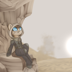 Size: 2000x2000 | Tagged: safe, artist:plaguemare, oc, oc only, unnamed oc, earth pony, pony, blue eyes, cliff, clothes, desert, dune, earth pony oc, female, high res, hood, mare, mask, ponified, rock, sand, scarf, sitting, solo, stillsuit, sunrise