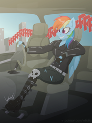Size: 1200x1600 | Tagged: safe, artist:willoillo, rainbow dash, pegasus, anthro, g4, boots, car, car interior, clothes, commission, driving, female, grin, jacket, leather, leather boots, leather jacket, pants, pedal, punk, shoes, smiling, solo