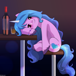 Size: 900x900 | Tagged: safe, artist:riouku, izzy moonbow, pony, unicorn, g5, my little pony: a new generation, alcohol, backwards cutie mark, bar stool, commission, cute, drunk, eye clipping through hair, female, go home you're drunk, gradient background, izzybetes, looking at you, mare, smiling, smiling at you, solo, stool, table