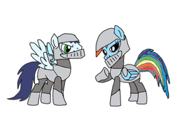 Size: 2048x1536 | Tagged: safe, artist:chanyhuman, rainbow dash, soarin', pegasus, pony, g4, armor, armored pony, clothes, cosplay, costume, duo, female, implied shipping, knight, male, ship:soarindash, shipping, simple background, straight, white background