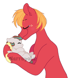 Size: 536x587 | Tagged: safe, artist:marrayala, big macintosh, oc, oc:butter apple, earth pony, pegasus, pony, g4, baby, baby pony, base used, colt, crying, duo, eyes closed, father and child, father and son, holding a pony, liquid pride, male, messy mane, offspring, parent:big macintosh, parent:fluttershy, parents:fluttermac, simple background, smiling, tears of joy, teary eyes, transparent background, unshorn fetlocks, watermark