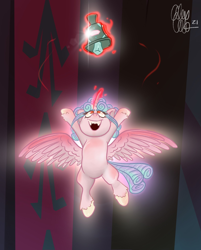 Size: 1646x2048 | Tagged: safe, artist:wizardstrawberries, cozy glow, alicorn, pony, g4, alicornified, bell, cozycorn, curved horn, fangs, female, filly, flying, grogar's bell, horn, levitation, looking up, magic, open mouth, open smile, ponytober, race swap, sharp teeth, smiling, solo, spell, spread wings, teeth, telekinesis, unshorn fetlocks, wings