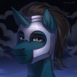 Size: 2000x2000 | Tagged: safe, artist:fenwaru, oc, oc only, oc:slashing prices, pony, unicorn, bust, commission, eyebrows, frown, helmet, high res, horn, looking at you, male, night, portrait, royal guard, smoke, solo, stallion, stars, unicorn oc, watermark