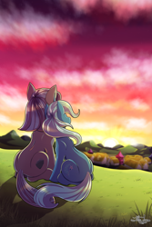 Size: 2000x3000 | Tagged: safe, artist:littletigressda, maud pie, trixie, earth pony, pony, unicorn, g4, cliff, duo, duo female, facing away, female, high res, lesbian, mare, ponyville, rear view, ship:mauxie, shipping, sitting, sunset