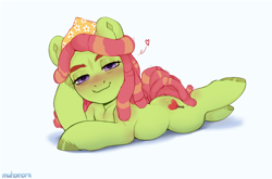 Size: 2330x1534 | Tagged: safe, artist:muhomora, tree hugger, earth pony, pony, g4, bedroom eyes, blushing, chibi, female, floating heart, heart, looking at you, lying down, mare, prone, simple background, solo, transparent background